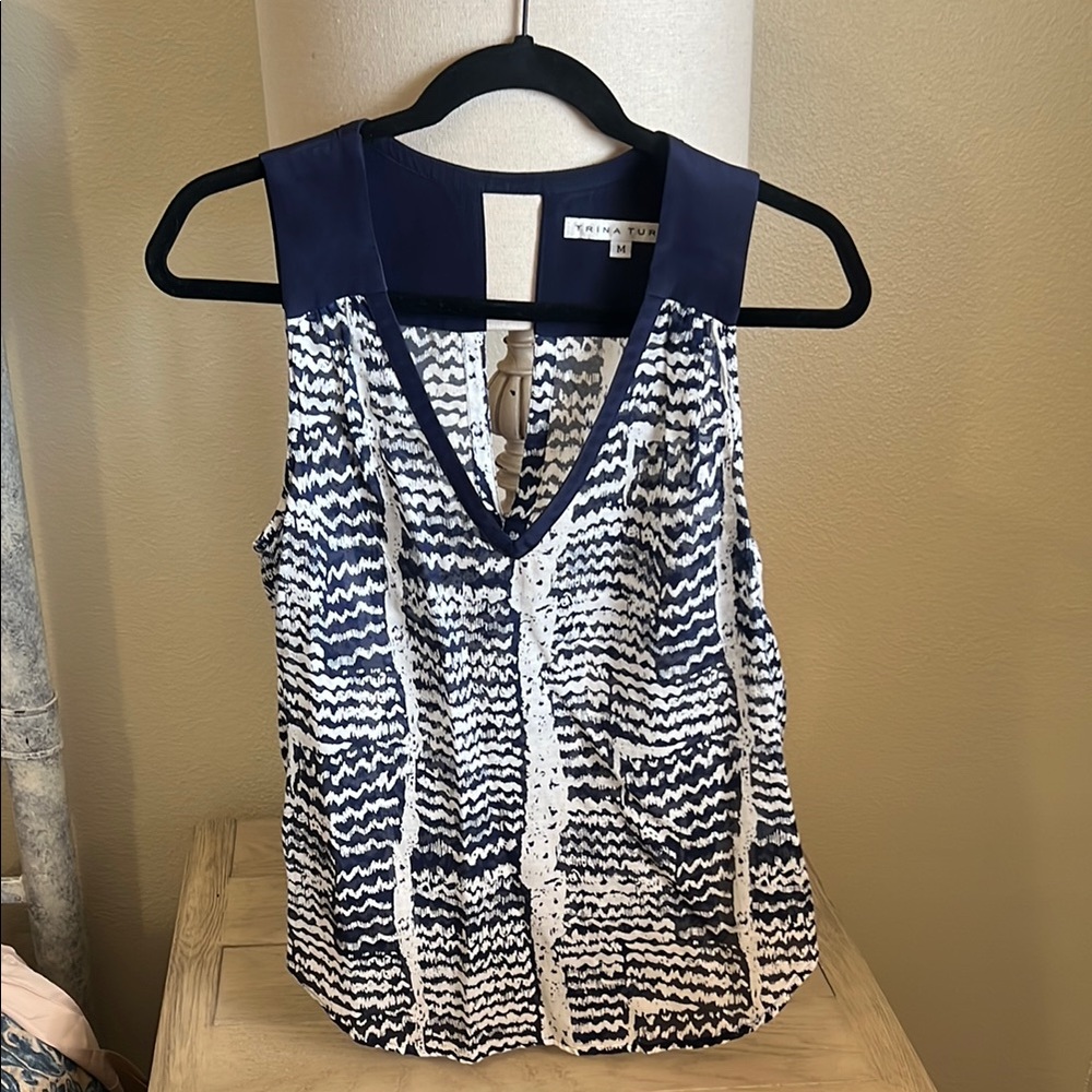 Trina Turk Navy and White Sleeveless Blouse